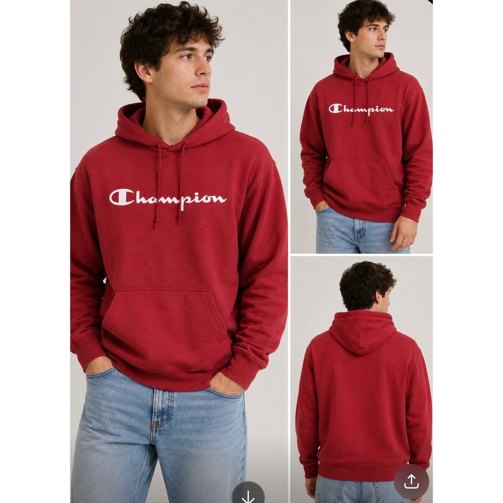 Champion Men's M Pullover Hoodie Logo Red Drawstring Kangaroo Pocket Long Sleeve